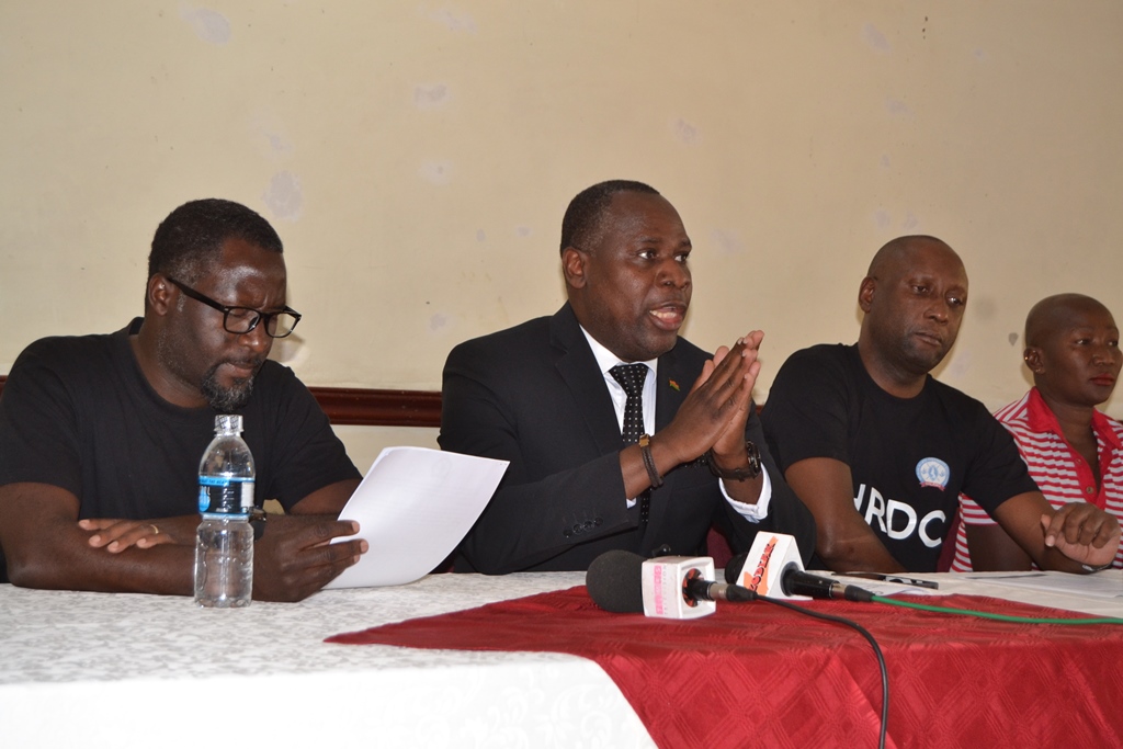 Trapence (2nd from left) emphasizing a point during a press briefing on Sunday--Photo by Watipaso Mzungu