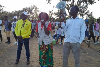 CCJP Assistant Project Officer Rhoda Ng'ambi (middle) during the public awareness