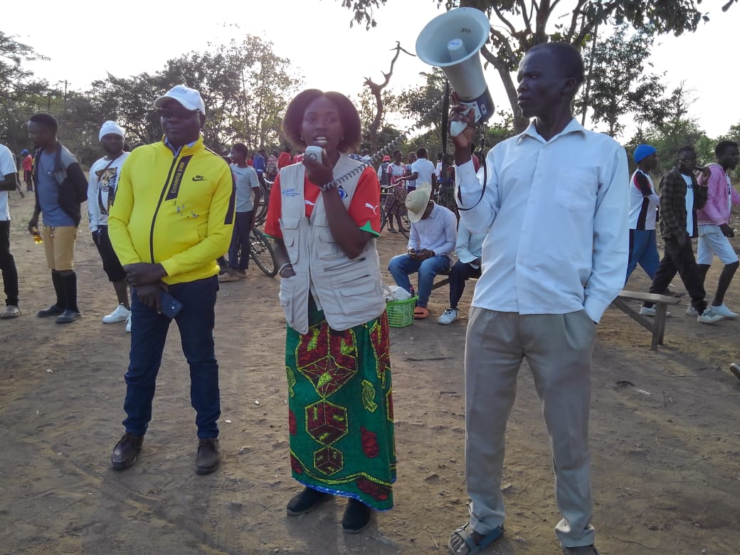 CCJP Assistant Project Officer Rhoda Ng'ambi (middle) during the public awareness